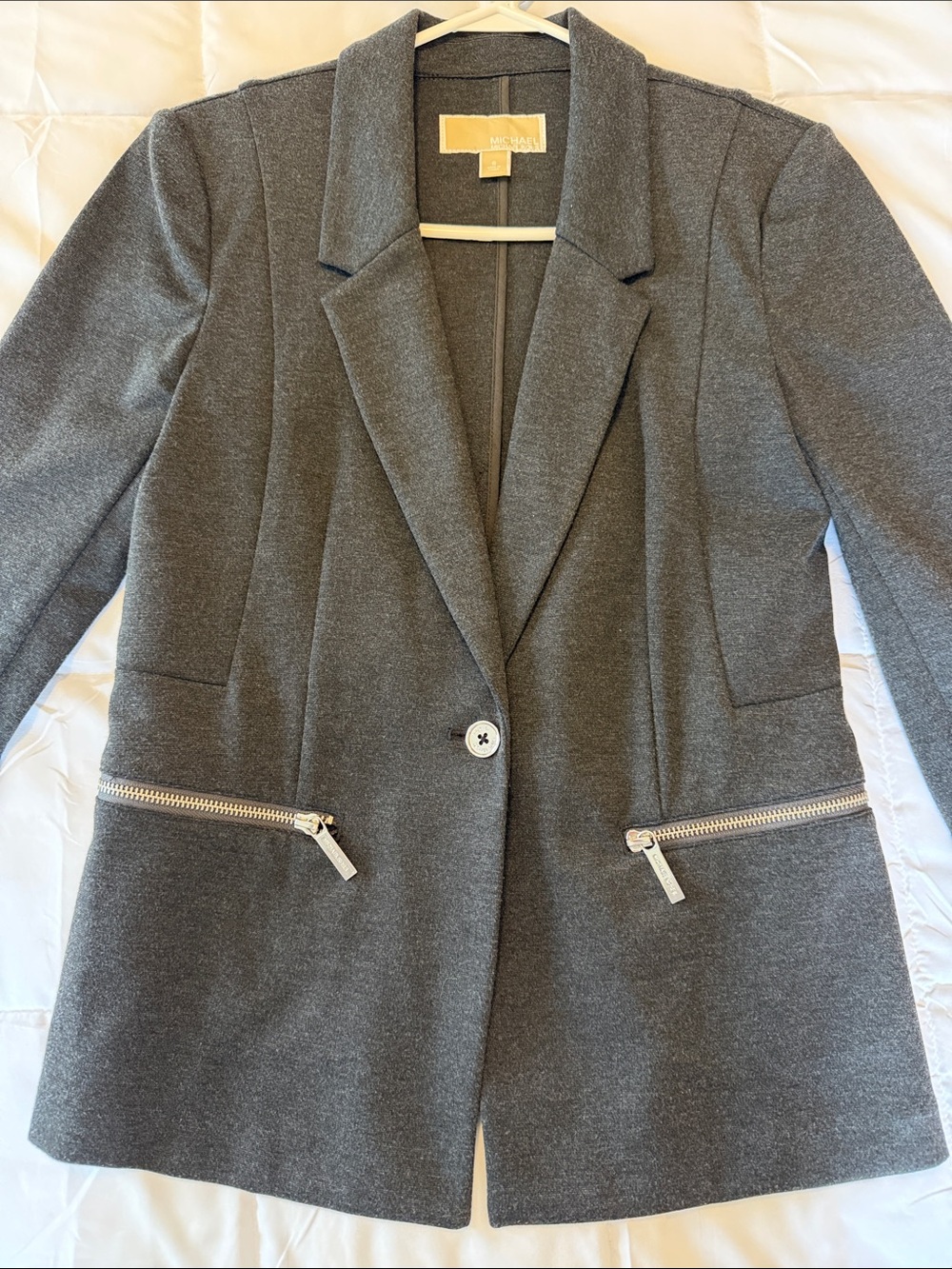 Michael Kors Dark Charcoal Gray Single-Button Blazer with Zip Pockets